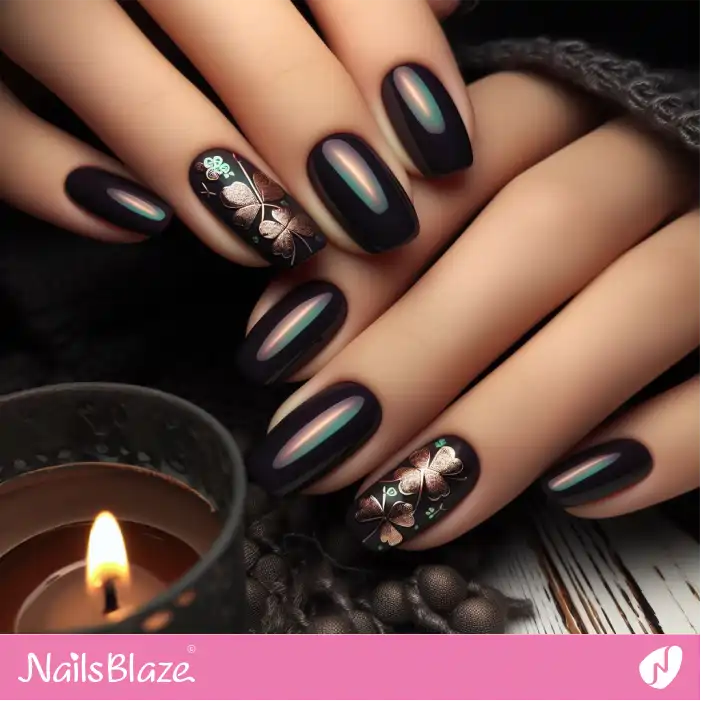Black and Gold Clover Nail Design | Nature-inspired Nails - NB1581